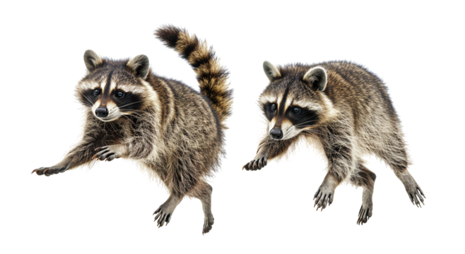 Two raccoons on white background, mid-jump with detailed fur and facial expressions, isolated and dynamic wildlife photo.