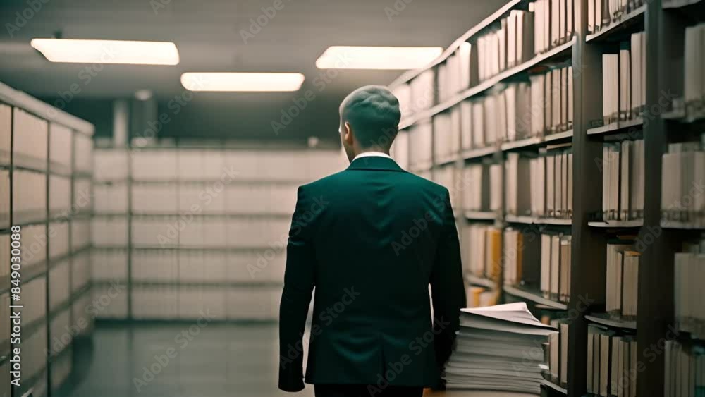 Poster man stands in office filing room generative ai