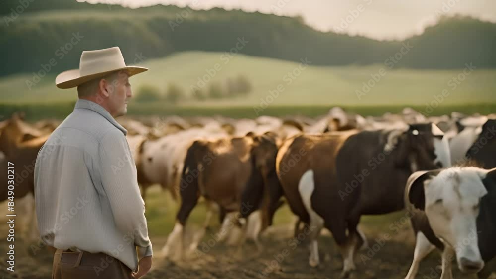 Poster farmer standing in field with herd of cows generative ai