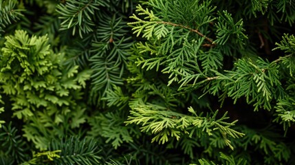 Natural decoration Branches and leaves of Thuja and cedar on a backdrop of nature