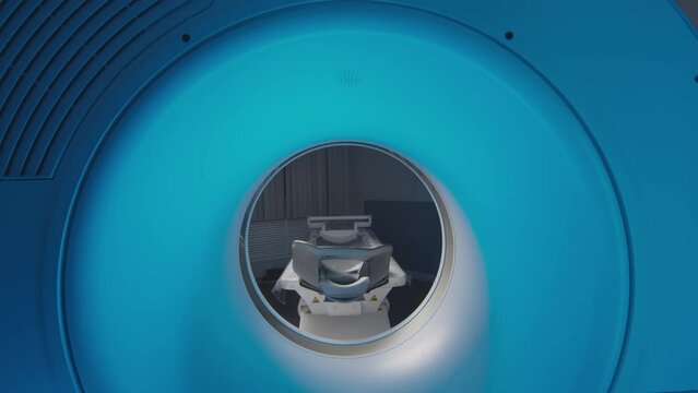 Inside-out view of advanced high-tech brain MRI capsule in clinical setting ready for diagnostic examination procedure
