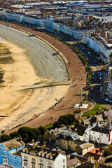 Fototapeta premium Bird'e eye view overhead the seaside resort of Llandudno including the North Shore, The Parade & Victorian promenade, Creuddyn Peninsula, North Wales