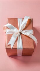 The photo shows a beautifully wrapped gift box. The box is covered in shiny red wrapping paper and tied with a white satin ribbon, forming a neat bow on top.