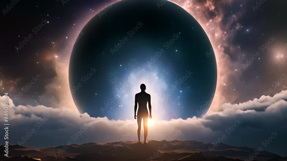 Poster silhouette of a person standing before a large planet generative ai