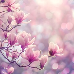 Close-up of a delicate pink magnolia flower branch in spring against a lavender bokeh sky, perfect for Mother’s Day and Spring celebration product placement ads with ample copy space.
