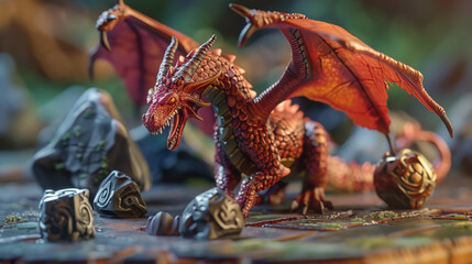 Naklejka premium Detailed Dragon Miniature with Intricate Dice on Fantasy Game Board