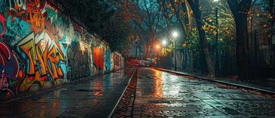 Night scene of graffiti art illuminated by street lights