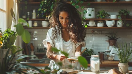 Young Multiracial Woman Baking in a Sunlit Rustic Kitchen. Generative ai