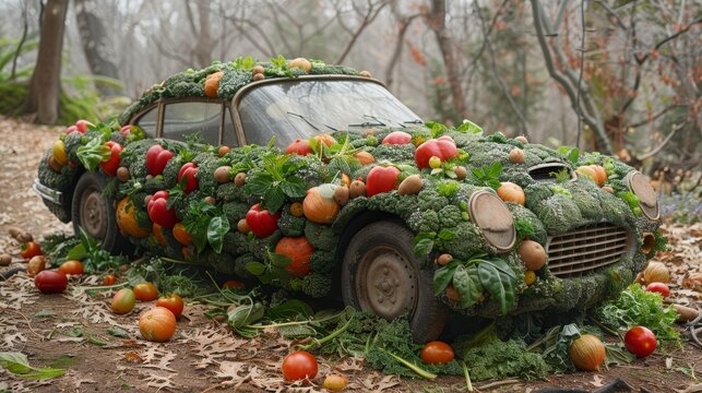 Innovative art  vehicle sculpture crafted from fresh produce ingredients for a unique display