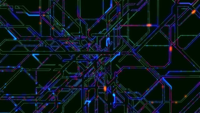 Animation of electronic subway map neon lines move along a given route and create a schematic animation. Transport interchange. Glowing electronic lines with circuit structure. 3D rendering. 4K animat
