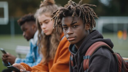 Obraz premium Young African American Multiracial Student with Dreadlocks at Outdoor Campus Setting. Generative ai