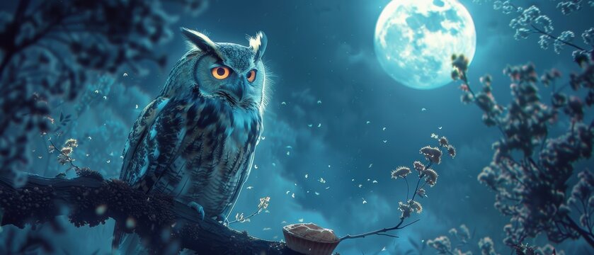 Owl with a pastry in a moonlit forest