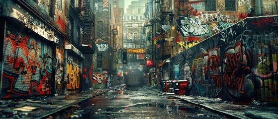 Panoramic view of a city street with graffiticovered walls, urban energy