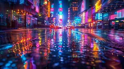 Obraz premium Neon-lit city street at night with reflections on wet pavement, creating a vibrant and dynamic urban scene