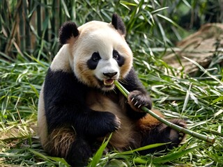 Fototapeta premium Cuddly Panda Munching on Bamboo