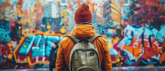 Portrait of a graffiti artist with their work in the background, vibrant colors and urban vibe, ideal for creative profiles