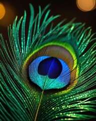 Obraz premium A close-up photo of a vibrant peacock feather showcasing its intricate details and iridescent colors, set against a simple, blurred background.