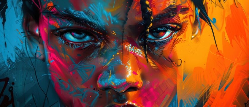 Portrait of a graffiti artist with their work in the background, vibrant colors and urban vibe, ideal for creative profiles