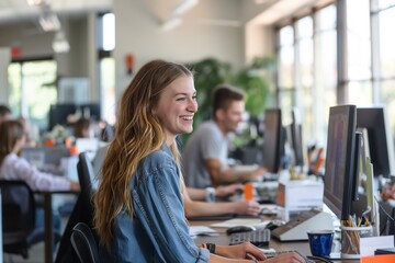 happy long red hair woman smiling working at office, People at work happy smiling friendly atmosphere, urban culture beautiful life, diversity and unity 
