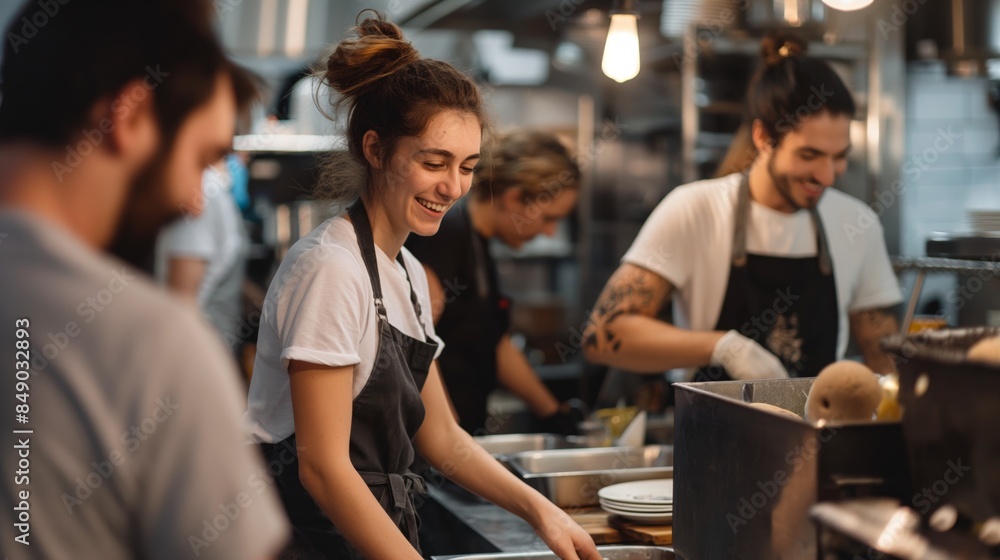 Wall mural woman working at restaurant in kitchen, people at work happy smiling friendly atmosphere. urban cult