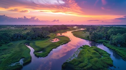 Naklejka premium Scenic river landscape at sunset