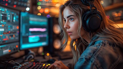 Professional voiceover artist preparing in soundproof studio for precise dubbing and narration