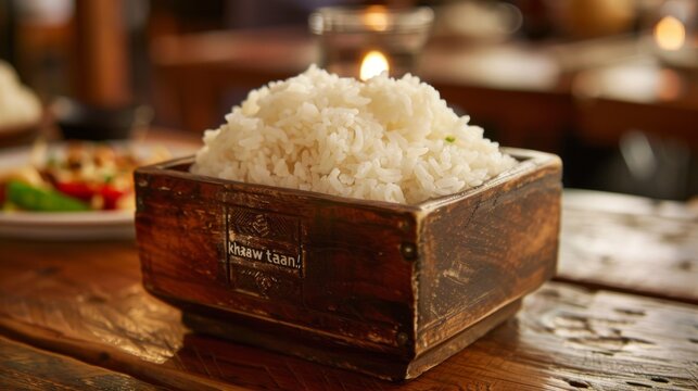 A wooden Thai rice box, or "khaaw taan," filled with freshly steamed jasmine rice, a staple of Thai meals.