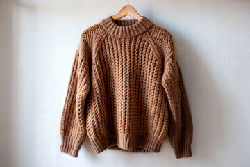 A knitted brown sweater hangs on a hanger. Selective focus.