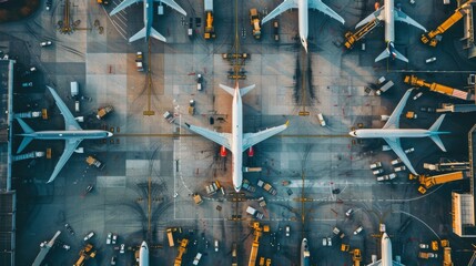 Aerial view of a busy airport with airplanes lined up at gates and taxiing on runways.