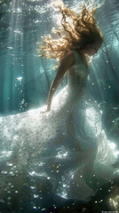 A woman wearing a white dress with polka dots floats underwater, her hair flowing around her. Sunlight streams through the water, creating a ethereal glow