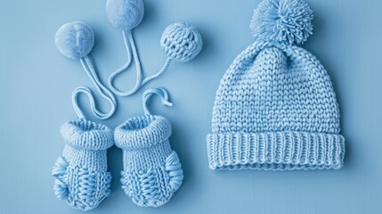 Blue baby hat with booties and accessories viewed from above