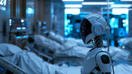 Fototapeta premium A man is looking at a computer screen with a brain on it. He is wearing a white lab coat