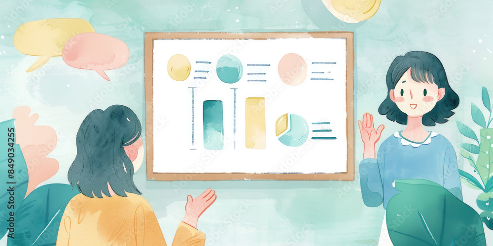 Poster two women present data to each other in front of a whiteboard. they smile and discuss various charts