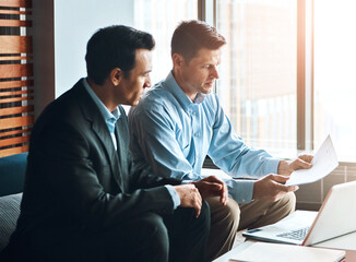 Office, teamwork and businessmen with paperwork for legal advice, case planning or brainstorm....