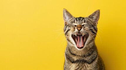 A cat is sitting on a yellow background and has its mouth open