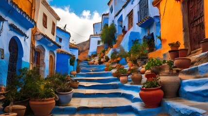 Picture of colorful houses, plants, and pots on the blue staircase in Chefchaouen, Morocco taken on a beautiful day.