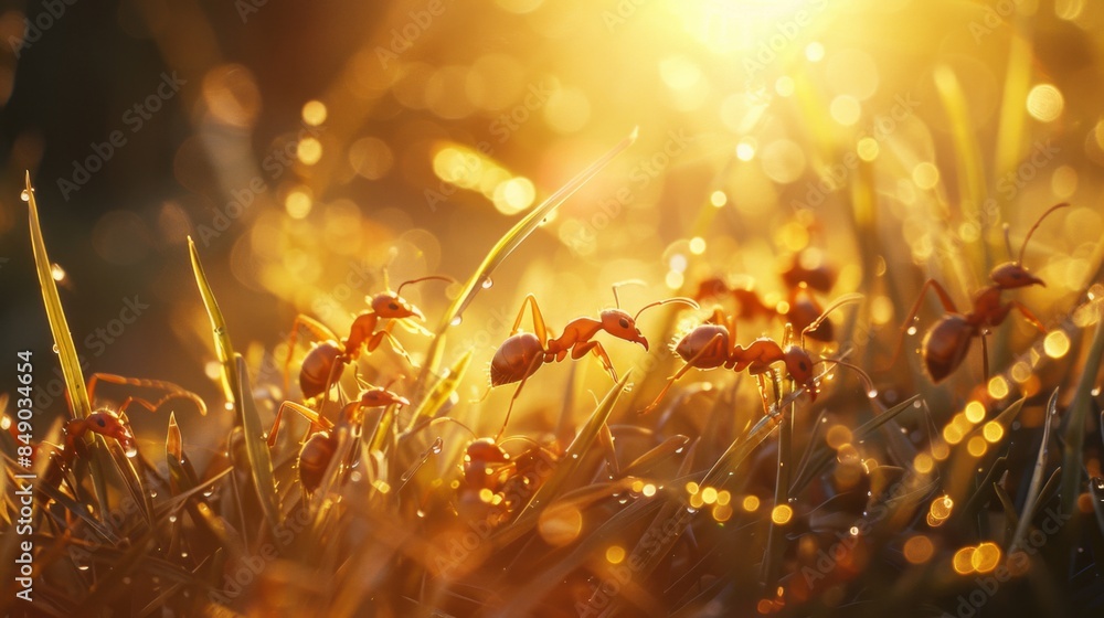 Aufkleber ants exploring a sunlit patch of grass, basking in the warmth and soaking up the light.