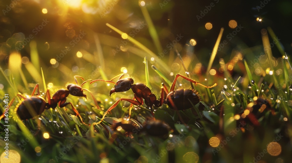 Poster Ants exploring a sunlit patch of grass, basking in the warmth and soaking up the light.