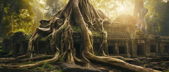 Obraz premium AI-generated images of hyper-realistic Ganesha, Naga and Buddha statues are covered with the roots of large trees and ancient sites.