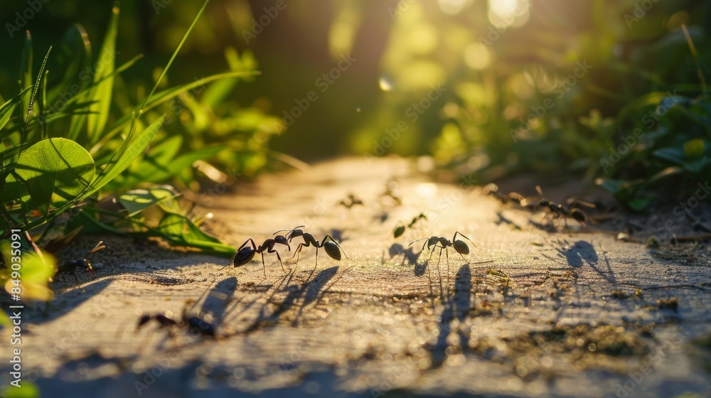 Poster ants marching along a sunlit path in a garden, their shadows stretching out behind them in the after