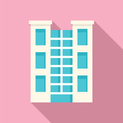 Modern building facade with large windows casting long shadow on pink background