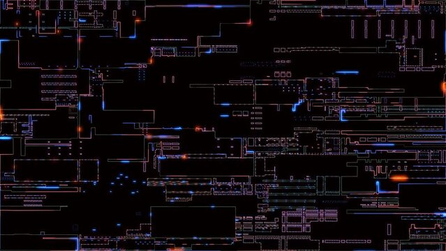 Abstract digital computer processors and electronic components on a circuit board process data. Technological basis of abstract motherboard. 4K animation of data transfer.