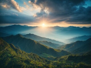 Fototapeta premium blue color of mountains during sunset with sun rays