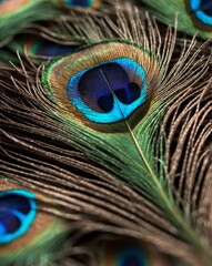 Naklejka premium Description: A close-up photo of a vibrant peacock feather showcasing its intricate details and iridescent colors, set against a simple, blurred background.