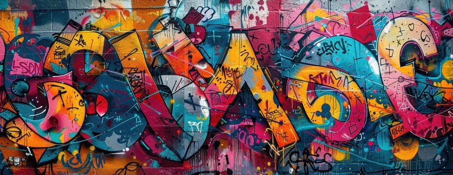 Vibrant graffiti letters and characters on a large wall, highresolution details and bold colors, perfect for modern designs