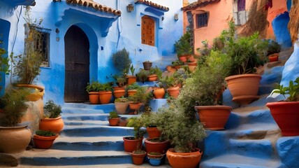 Picture of colorful houses, plants, and pots on the blue staircase in Chefchaouen, Morocco taken on a beautiful day.