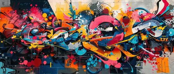 Vibrant graffiti letters and characters on a large wall, highresolution details and bold colors, perfect for modern designs