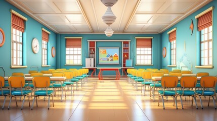 Bright school classroom with all chair facing forward