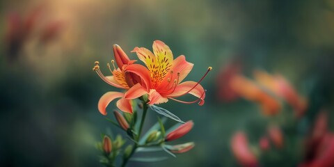 close up orange wild lily flower whimsical garden outdoor scenery with bokeh light, spring or summer beauty nature background happy cheerful atmosphere