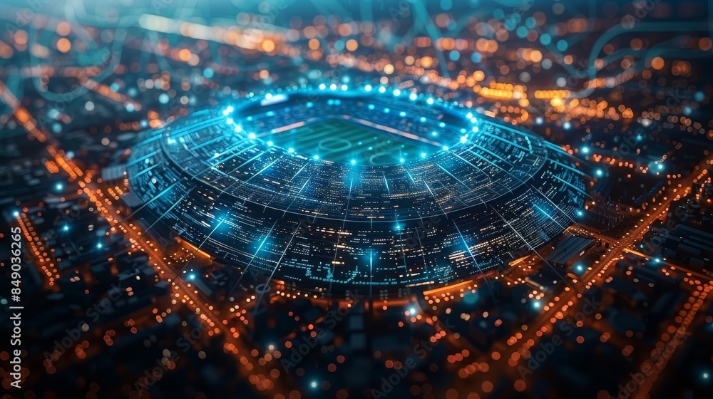 Poster a conceptual digital rendering of a stadium portraying advanced technology and virtual reality
